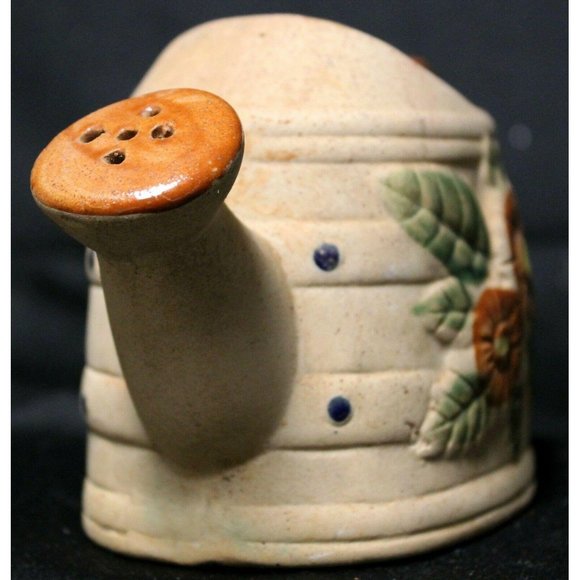 Pottery Watering Can Planter Small Beige Tan Clay Floral Green Glaze Accents - Picture 2 of 9